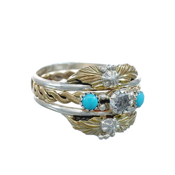 Sterling Silver 12KGF Turquoise Cubic Zirconia Feather Native American Ring Size 8-3/4 JX130874